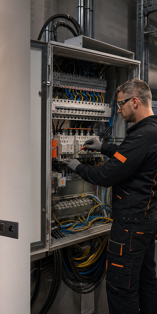 GL Electrical szakember ipari villamos elosztón dolgozik